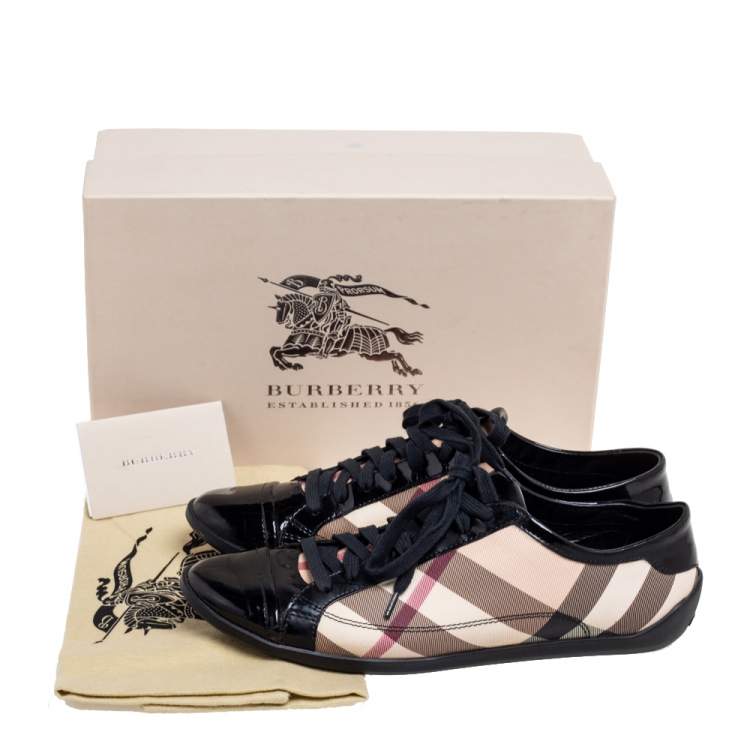 Pre Owned Burberry Black/Beige Novacheck Canvas and Patent Leather Cap Toe Low Top Sneakers Size 38