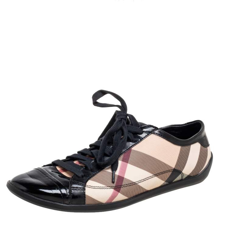 Pre Owned Burberry Black/Beige Novacheck Canvas and Patent Leather Cap Toe Low Top Sneakers Size 38