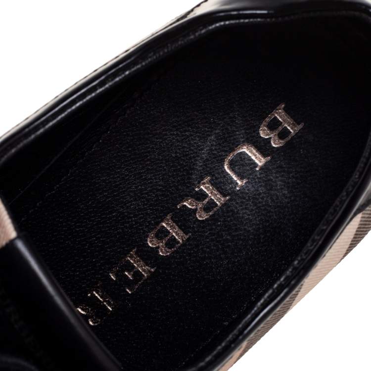 Pre Owned Burberry Black/Beige Novacheck Canvas and Patent Leather Cap Toe Low Top Sneakers Size 38