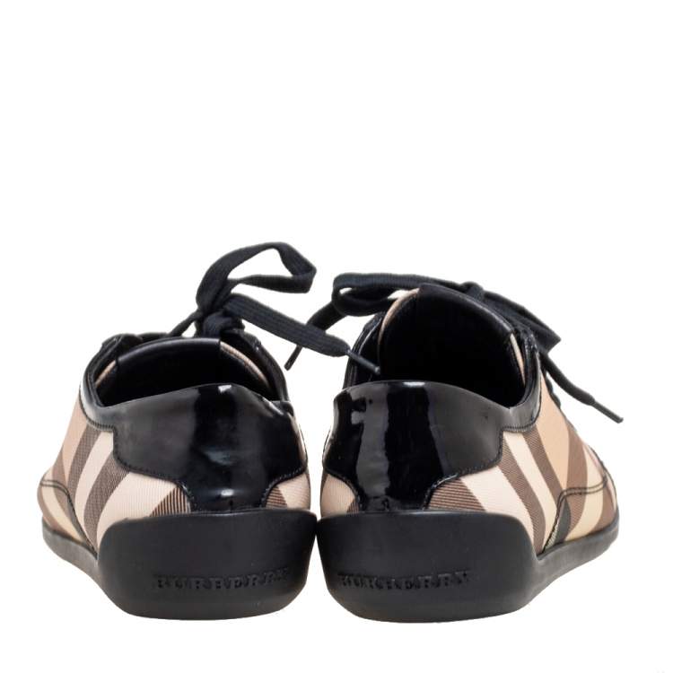 Pre Owned Burberry Black/Beige Novacheck Canvas and Patent Leather Cap Toe Low Top Sneakers Size 38