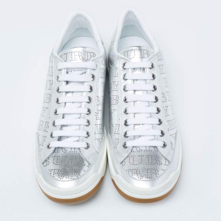 Pre Owned Burberry Metallic Silver Perforated Leather Timsbury Low Top Sneakers Size 42