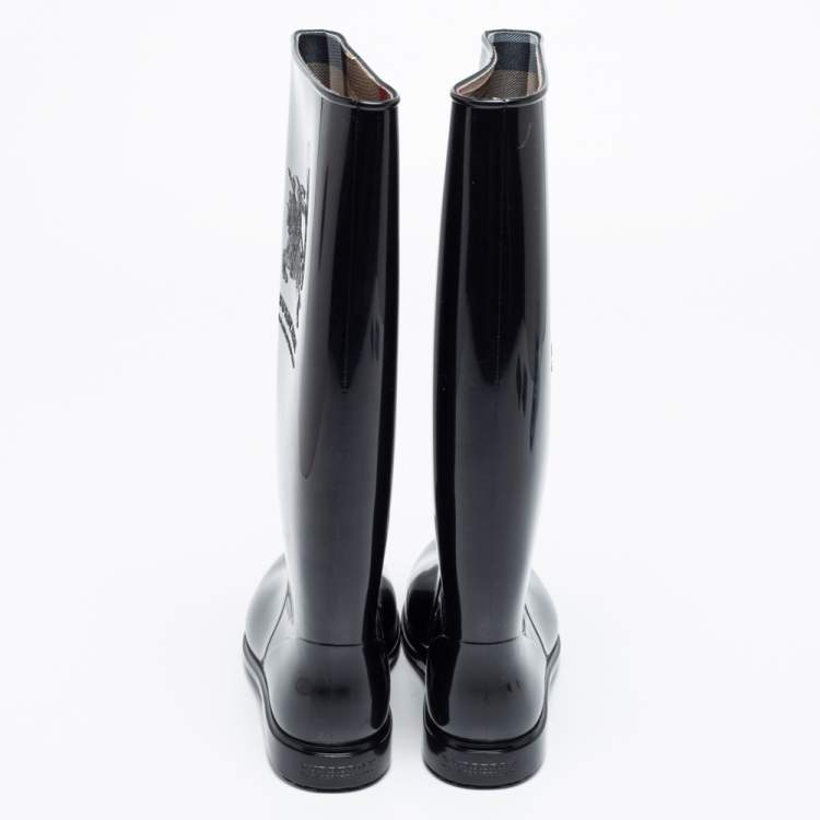 Pre Owned Burberry Black Rubber Equestrian Knight Rain Boots Size 36