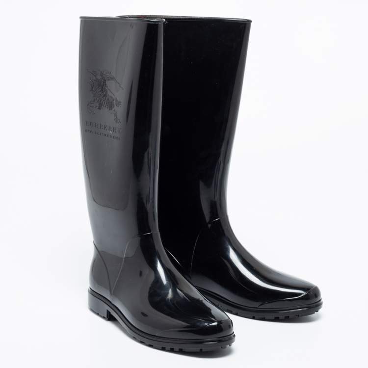 Pre Owned Burberry Black Rubber Equestrian Knight Rain Boots Size 36