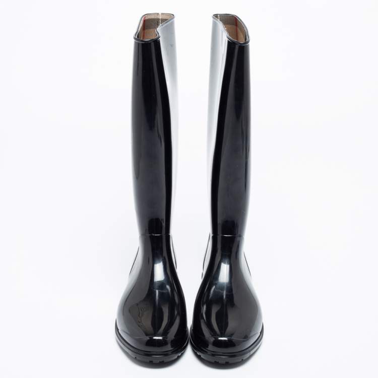 Pre Owned Burberry Black Rubber Equestrian Knight Rain Boots Size 36