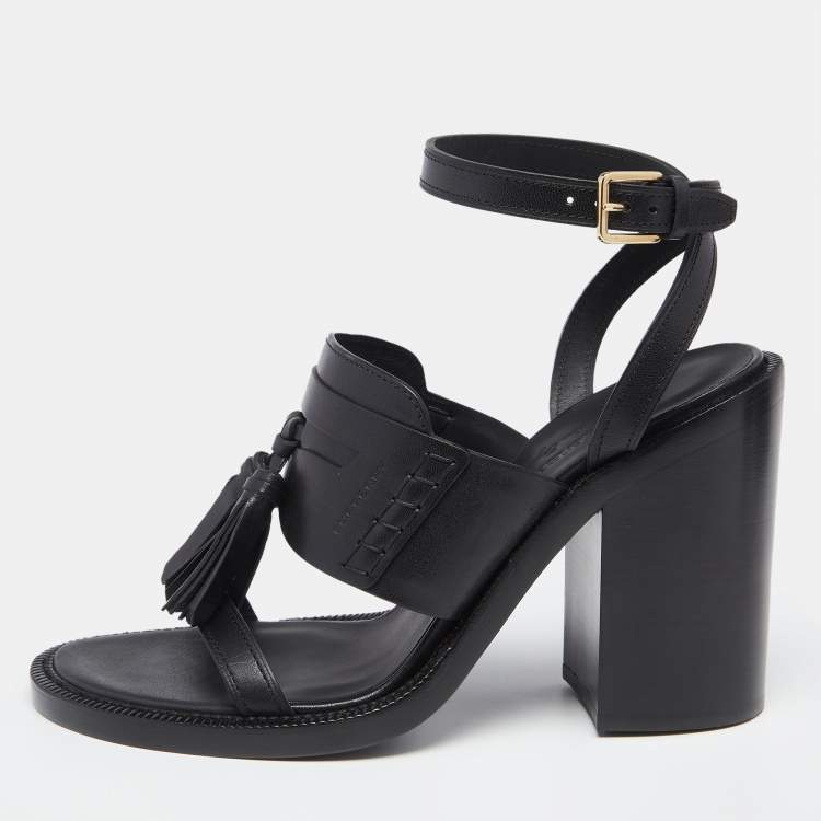 Pre Owned Burberry Black Leather Bethany Tassel Detail Block Heel Ankle Strap Sandals Size 40