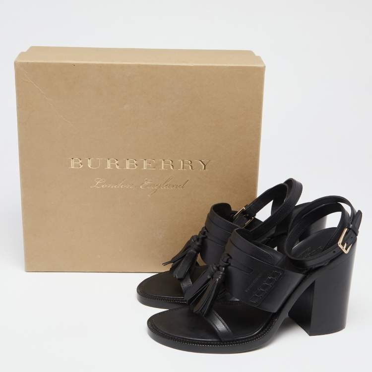Pre Owned Burberry Black Leather Bethany Tassel Detail Block Heel Ankle Strap Sandals Size 40