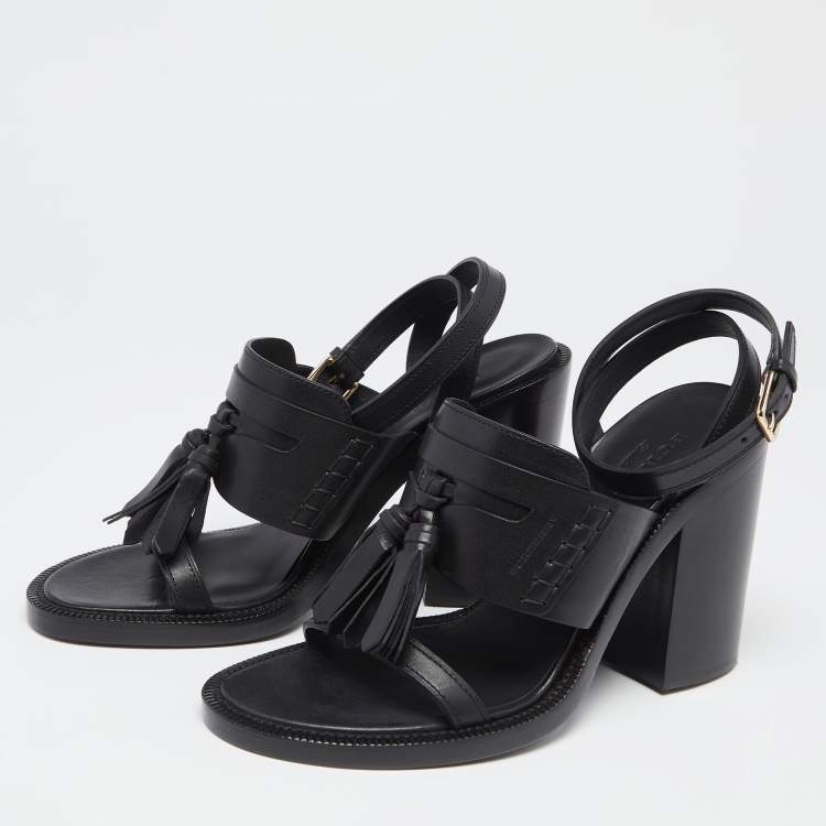 Pre Owned Burberry Black Leather Bethany Tassel Detail Block Heel Ankle Strap Sandals Size 40