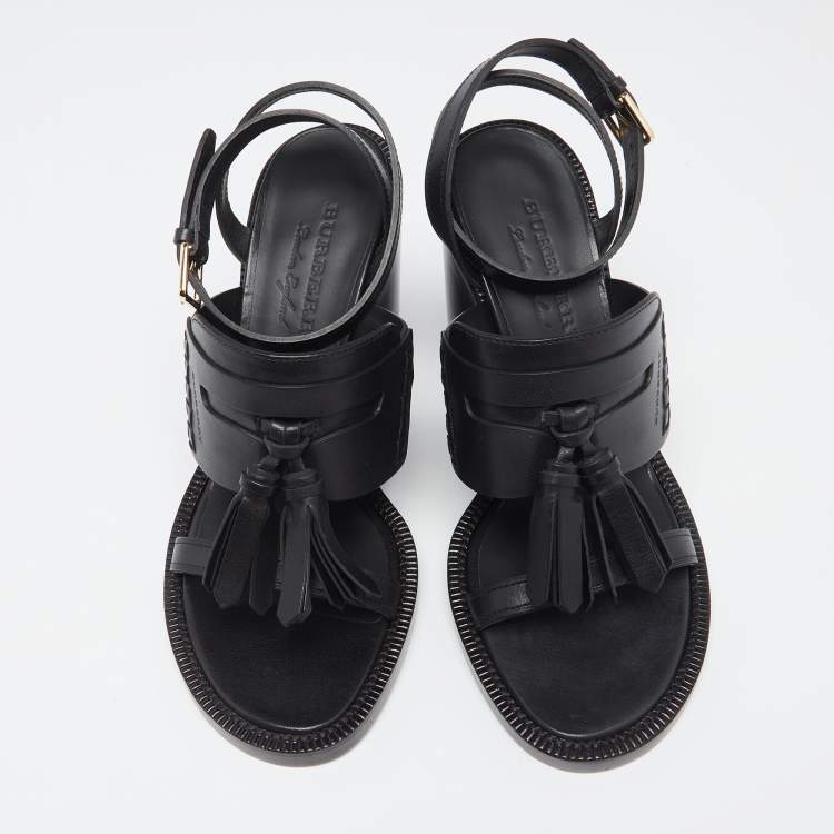 Pre Owned Burberry Black Leather Bethany Tassel Detail Block Heel Ankle Strap Sandals Size 40