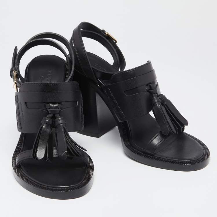 Pre Owned Burberry Black Leather Bethany Tassel Detail Block Heel Ankle Strap Sandals Size 40