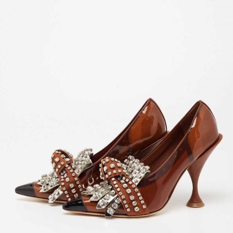 Pre Owned Burberry Brown Patent Crystal Embellished Even Pumps Size 37