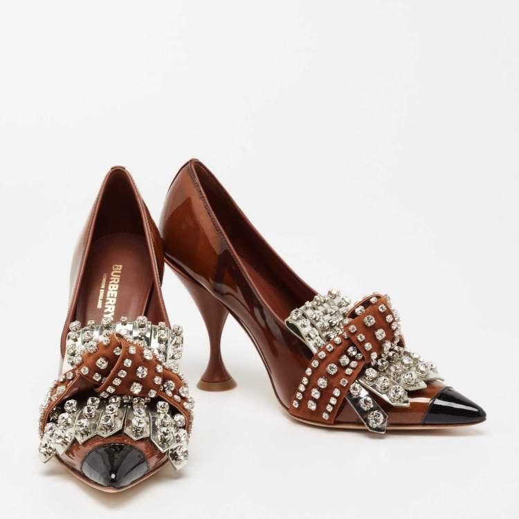 Pre Owned Burberry Brown Patent Crystal Embellished Even Pumps Size 37