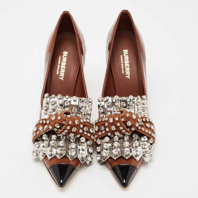 Pre Owned Burberry Brown Patent Crystal Embellished Even Pumps Size 37
