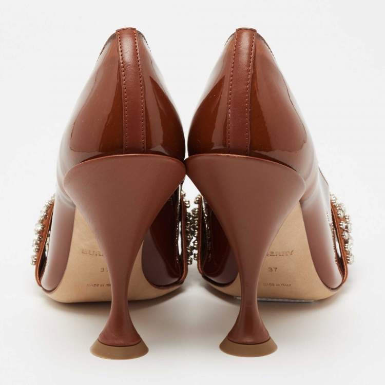 Pre Owned Burberry Brown Patent Crystal Embellished Even Pumps Size 37