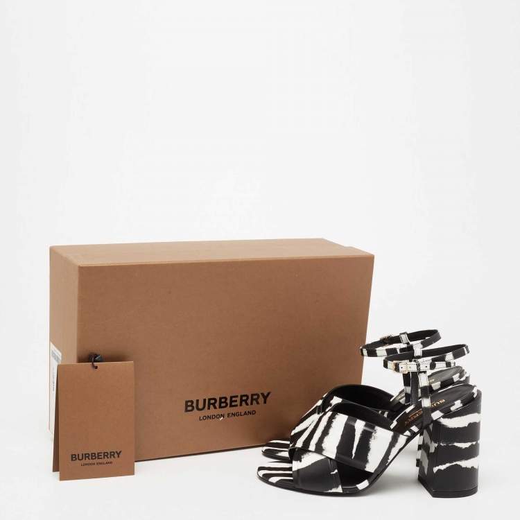 Pre Owned Burberry Black/White Leather Ankle Strap Castlebar Sandals Size 37