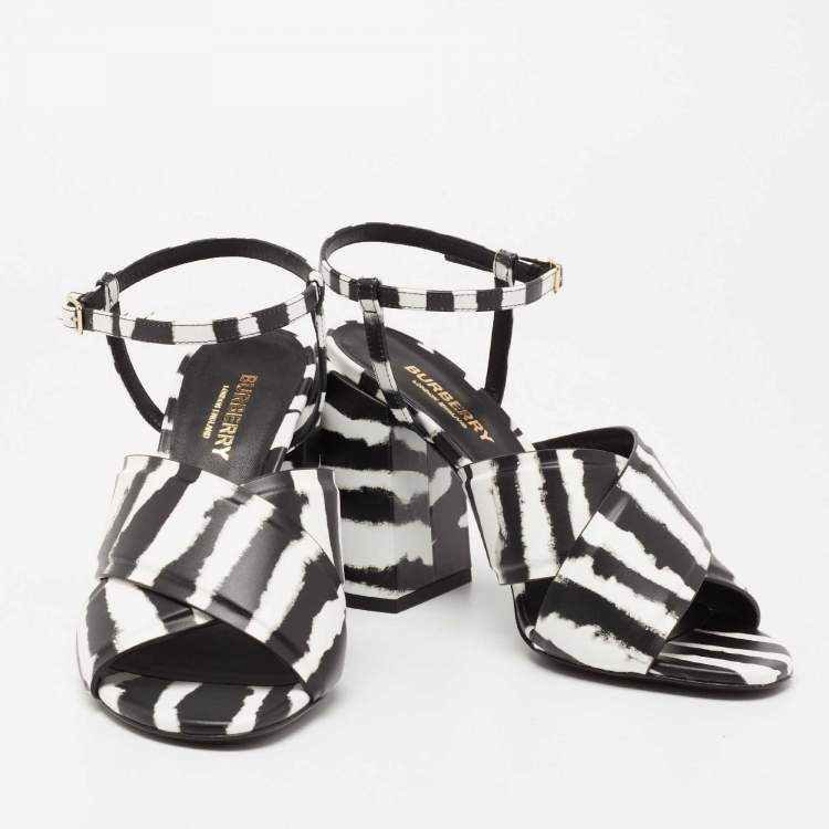 Pre Owned Burberry Black/White Leather Ankle Strap Castlebar Sandals Size 37