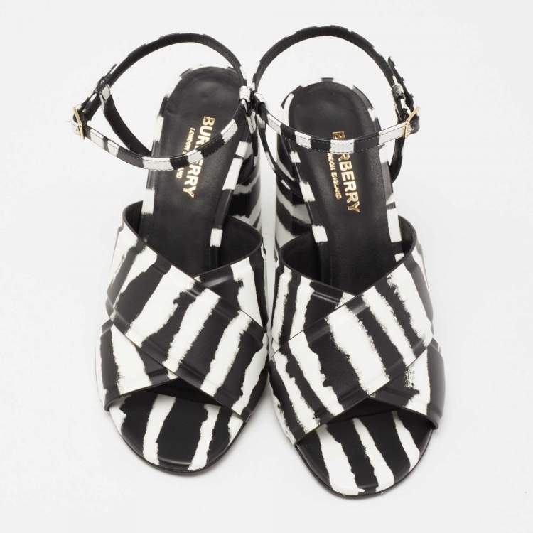 Pre Owned Burberry Black/White Leather Ankle Strap Castlebar Sandals Size 37