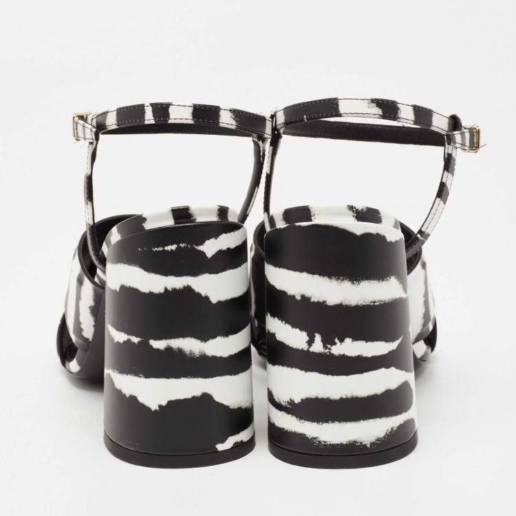 Pre Owned Burberry Black/White Leather Ankle Strap Castlebar Sandals Size 37