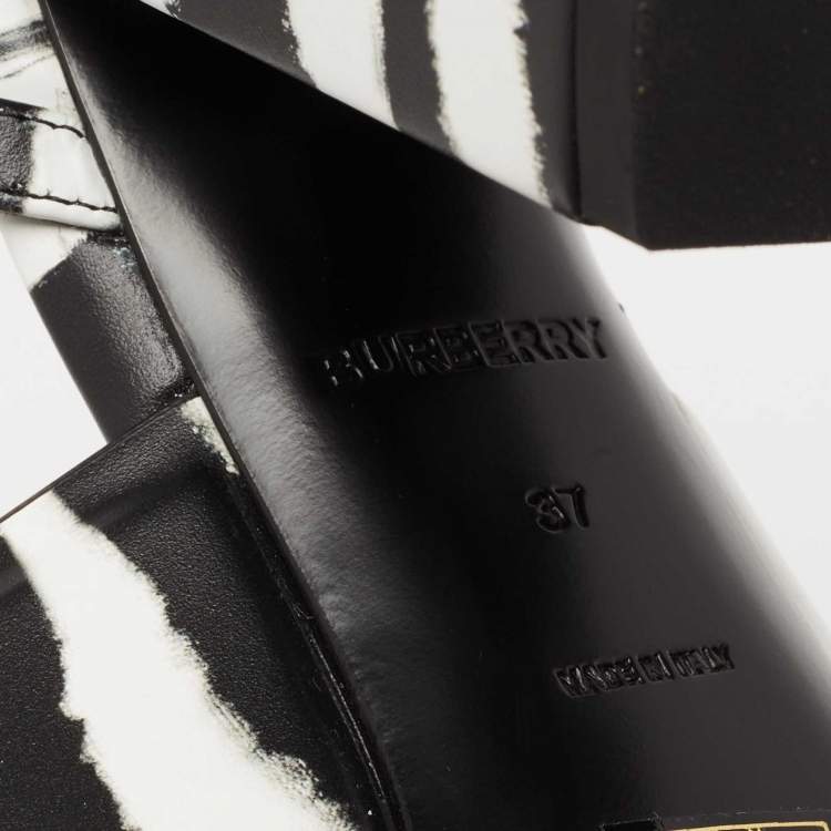 Pre Owned Burberry Black/White Leather Ankle Strap Castlebar Sandals Size 37