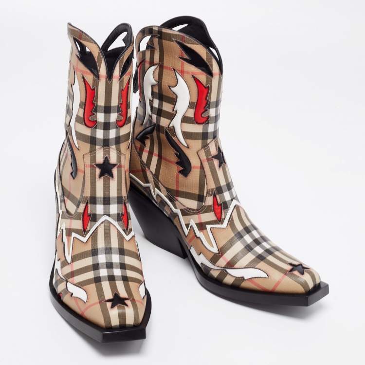 Pre Owned Burberry Brown/White House Check Canvas Cowboy Boots Size 37.5