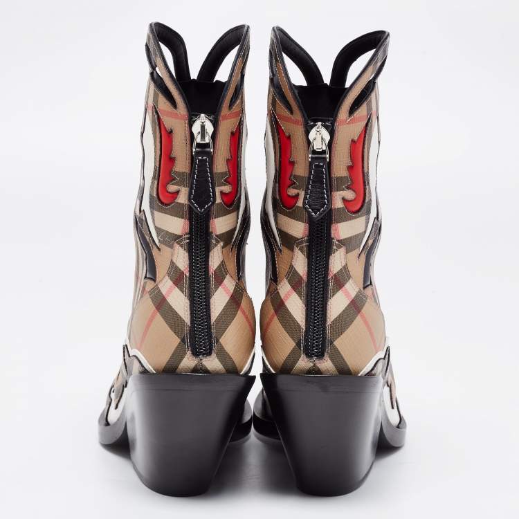 Pre Owned Burberry Brown/White House Check Canvas Cowboy Boots Size 37.5