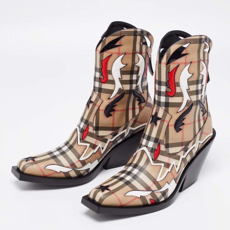 Pre Owned Burberry Brown/White House Check Canvas Cowboy Boots Size 37.5