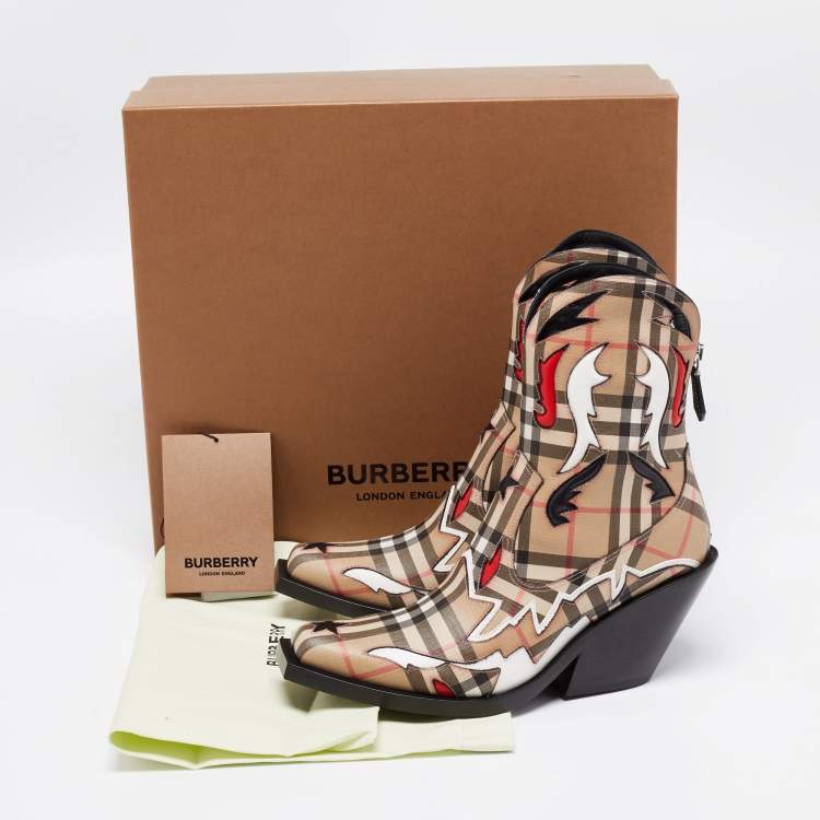 Pre Owned Burberry Brown/White House Check Canvas Cowboy Boots Size 37.5