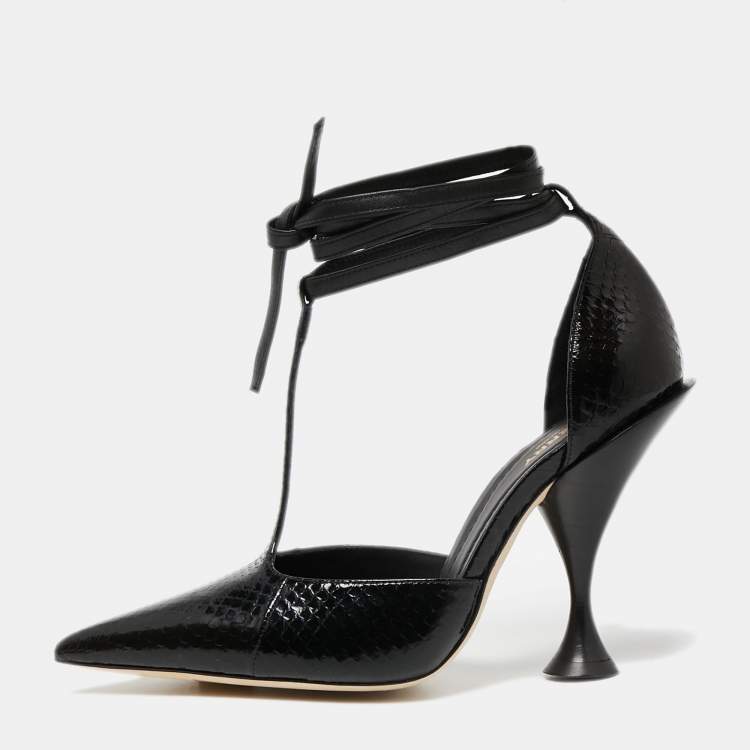 Pre Owned Burberry Black Python Embossed Leather Welton Chain Detail T-Strap Ankle-Tie Pumps Size 38.5