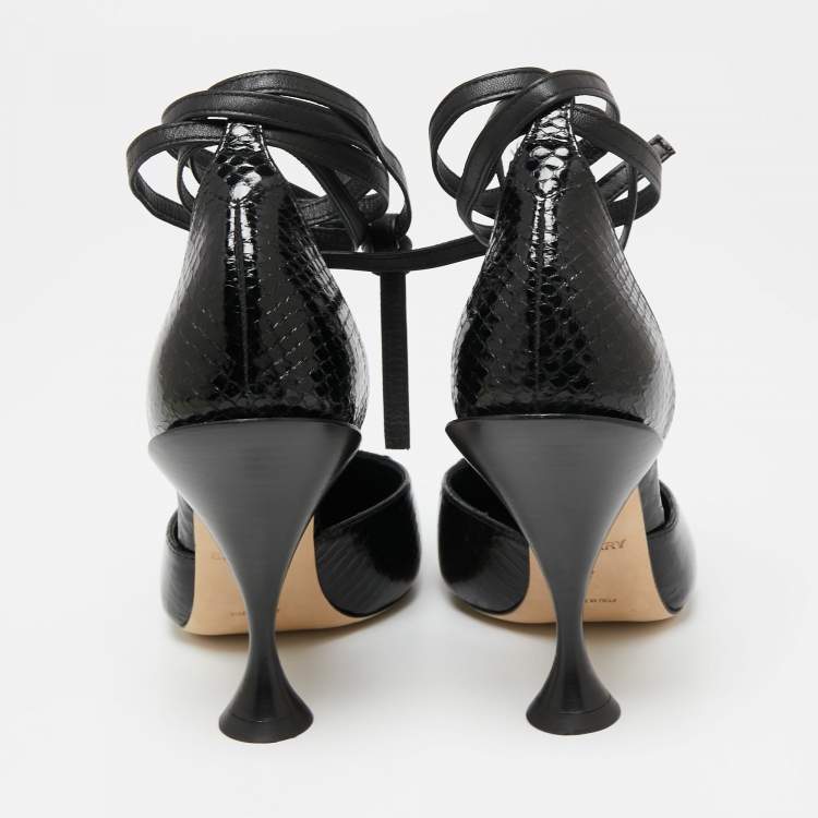 Pre Owned Burberry Black Python Embossed Leather Welton Chain Detail T-Strap Ankle-Tie Pumps Size 38.5