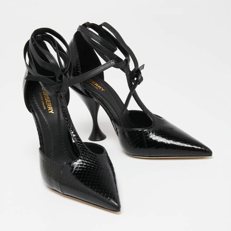 Pre Owned Burberry Black Python Embossed Leather Welton Chain Detail T-Strap Ankle-Tie Pumps Size 38.5