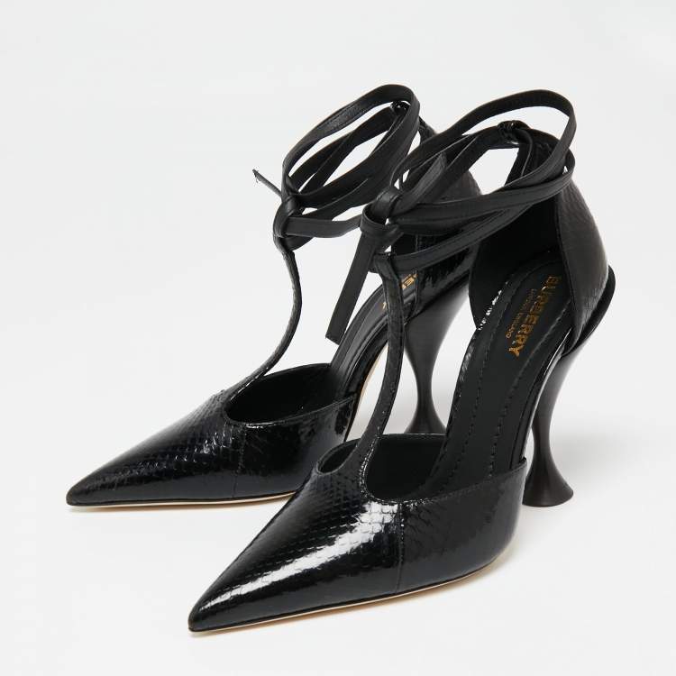 Pre Owned Burberry Black Python Embossed Leather Welton Chain Detail T-Strap Ankle-Tie Pumps Size 38.5