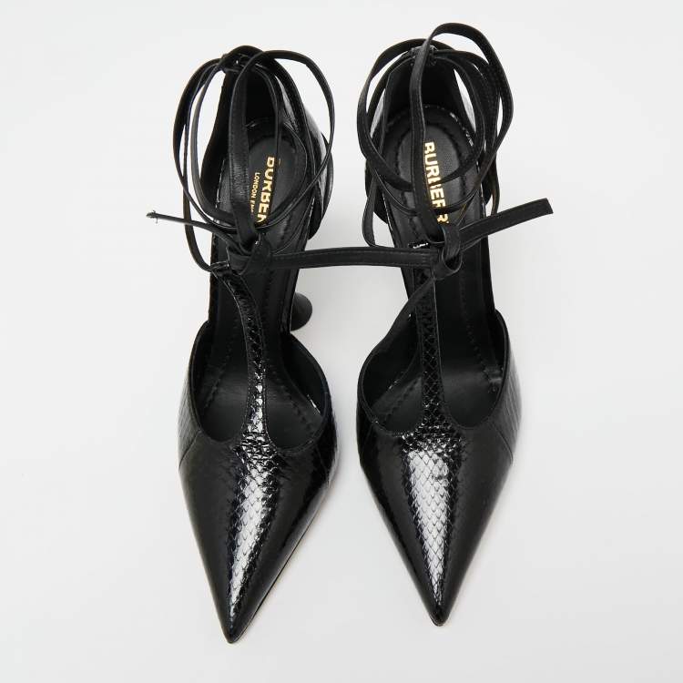 Pre Owned Burberry Black Python Embossed Leather Welton Chain Detail T-Strap Ankle-Tie Pumps Size 38.5