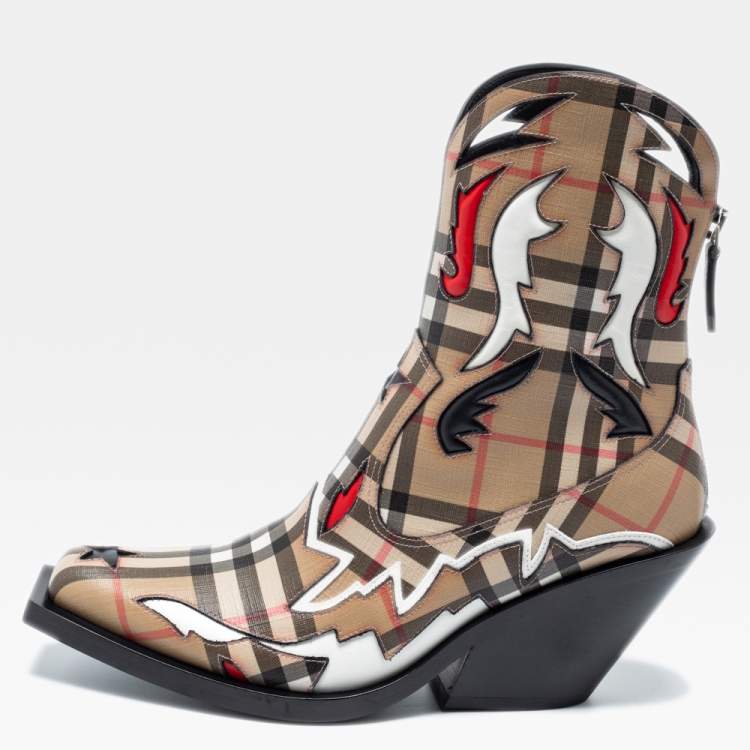 Pre Owned Burberry Beige Canvas Applique Cowboy Boots Size 36.5