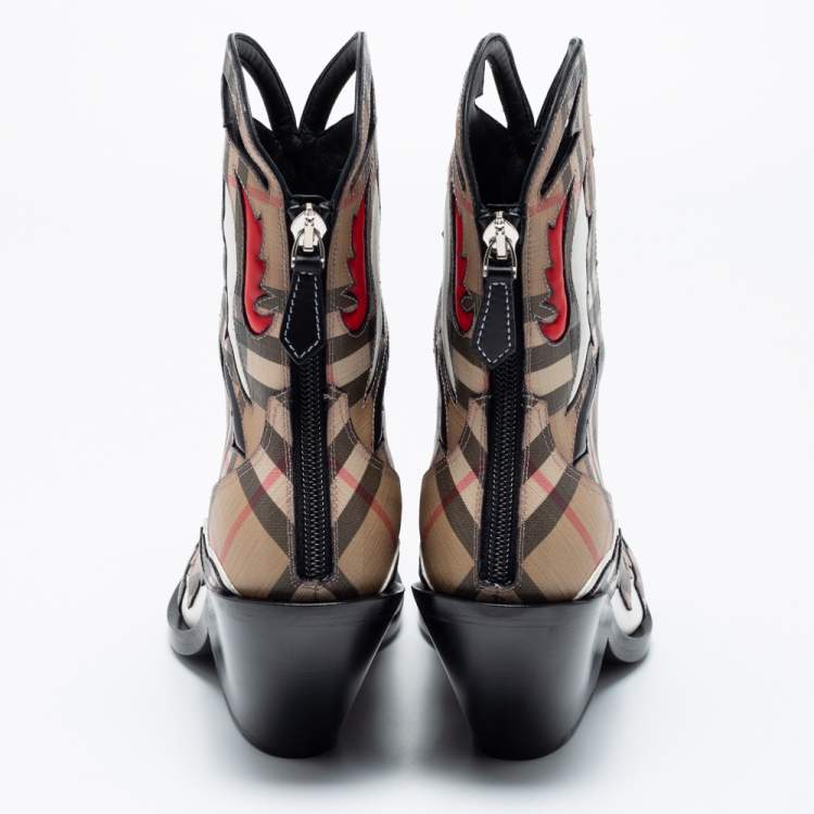 Pre Owned Burberry Beige Canvas Applique Cowboy Boots Size 36.5