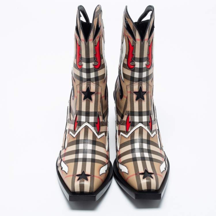 Pre Owned Burberry Beige Canvas Applique Cowboy Boots Size 36.5