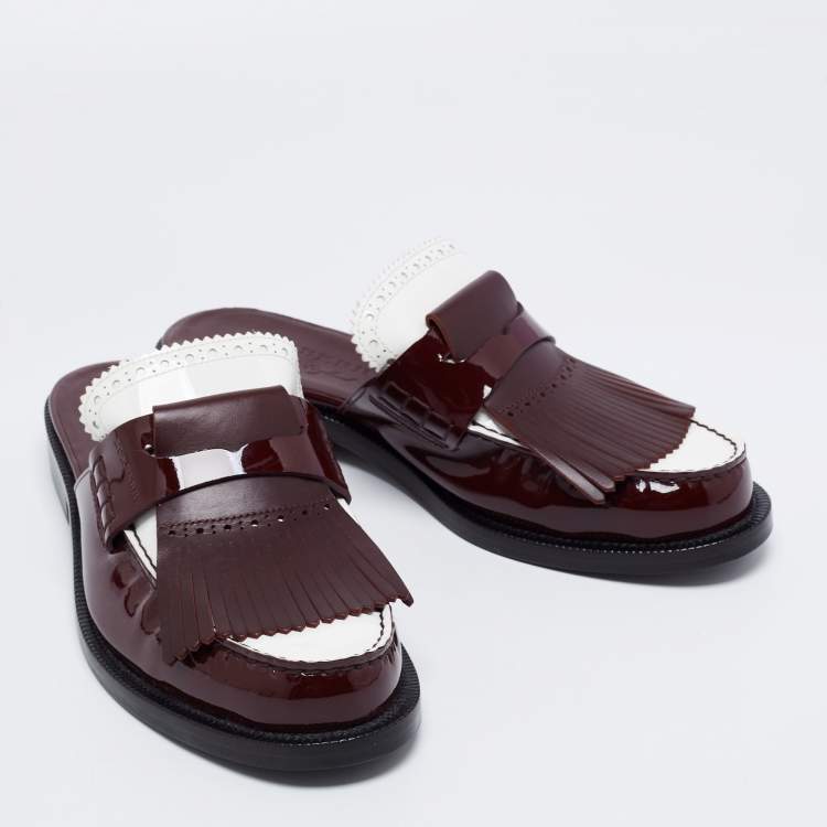 Pre Owned Burberry Two Tone Patent Leather Beckshill Fringe Details Flat Mules Size 39.5