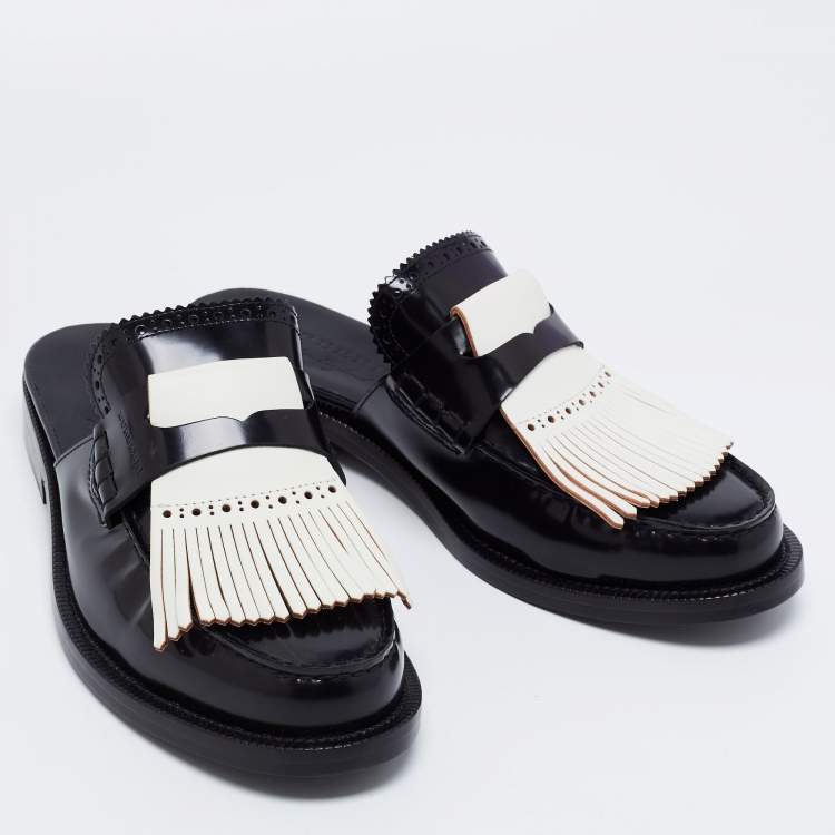 Pre Owned Burberry Two Tone Leather Beckshill Fringe Details Flat Mules Size 39.5