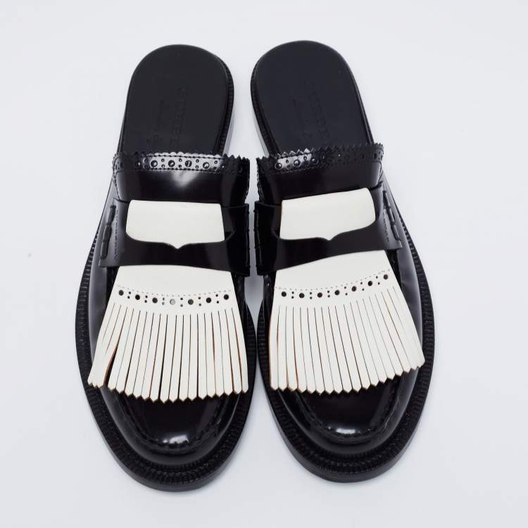Pre Owned Burberry Two Tone Leather Beckshill Fringe Details Flat Mules Size 39.5