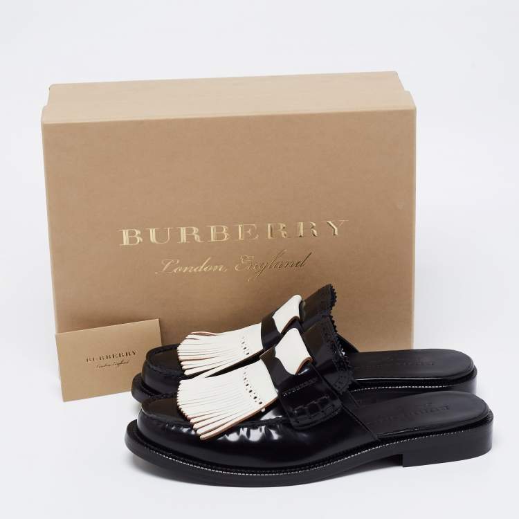 Pre Owned Burberry Two Tone Leather Beckshill Fringe Details Flat Mules Size 39.5