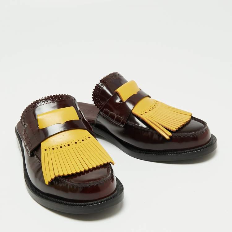 Pre Owned Burberry Two Tone Leather Beckshill Fringe Details Flat Mules Size 40