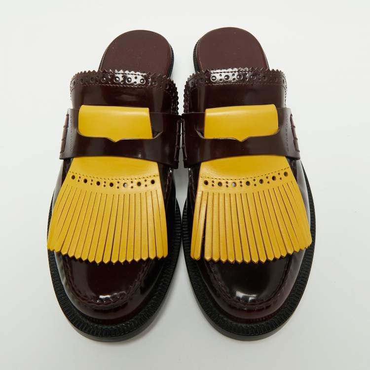 Pre Owned Burberry Two Tone Leather Beckshill Fringe Details Flat Mules Size 40