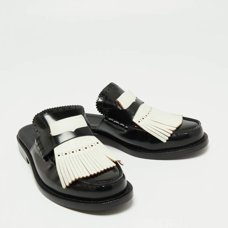 Pre Owned Burberry Two Tone Leather Beckshill Fringe Details Flat Mules Size 40