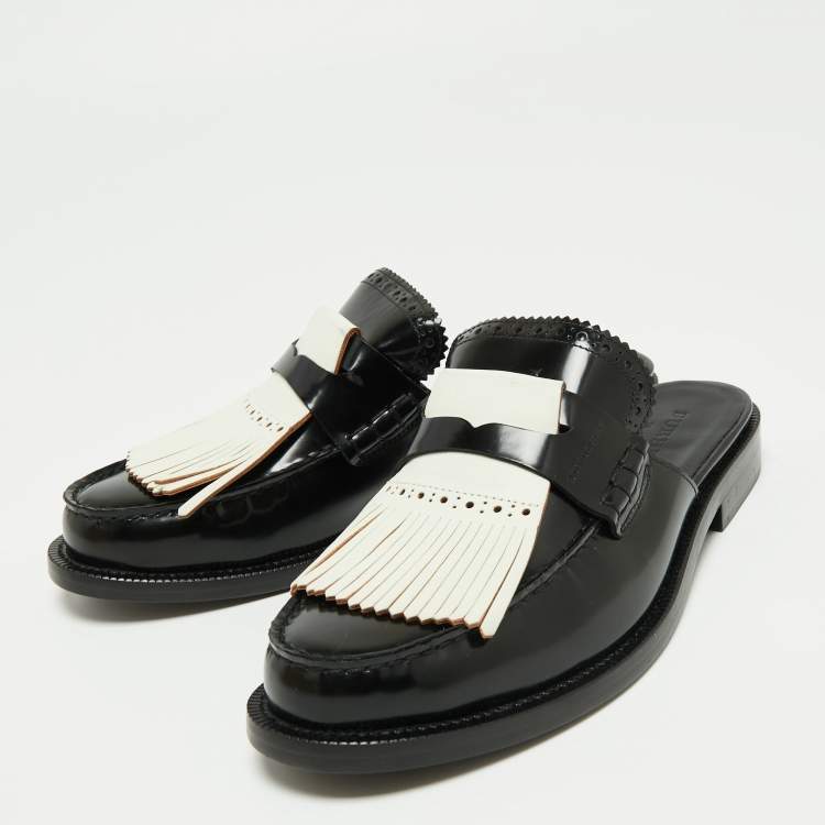 Pre Owned Burberry Two Tone Leather Beckshill Fringe Details Flat Mules Size 40
