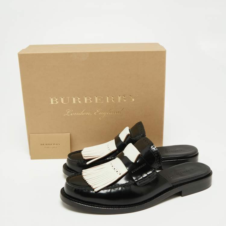 Pre Owned Burberry Two Tone Leather Beckshill Fringe Details Flat Mules Size 40