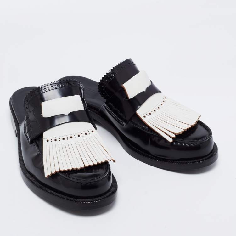 Pre Owned Burberry Two Tone Leather Beckshill Fringe Details Flat Mules Size 39