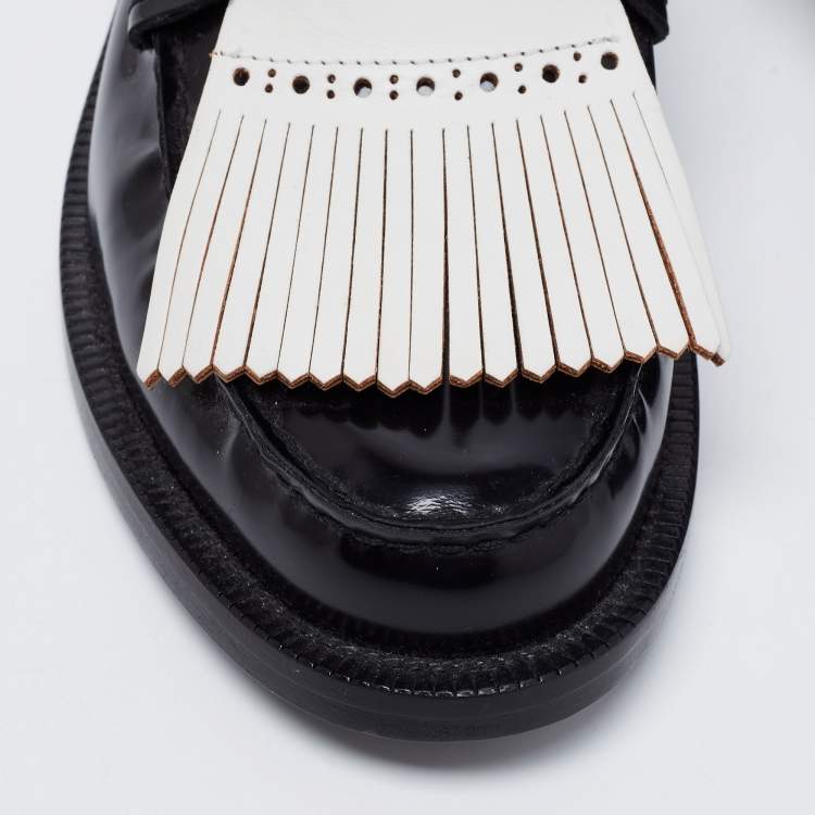 Pre Owned Burberry Two Tone Leather Beckshill Fringe Details Flat Mules Size 39
