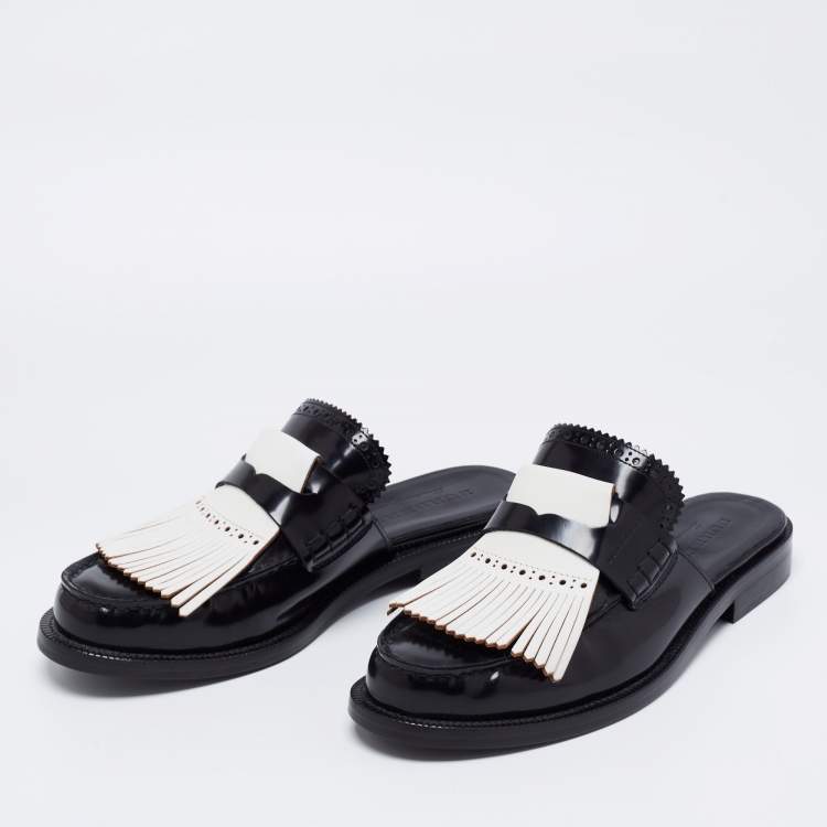 Pre Owned Burberry Two Tone Leather Beckshill Fringe Details Flat Mules Size 39