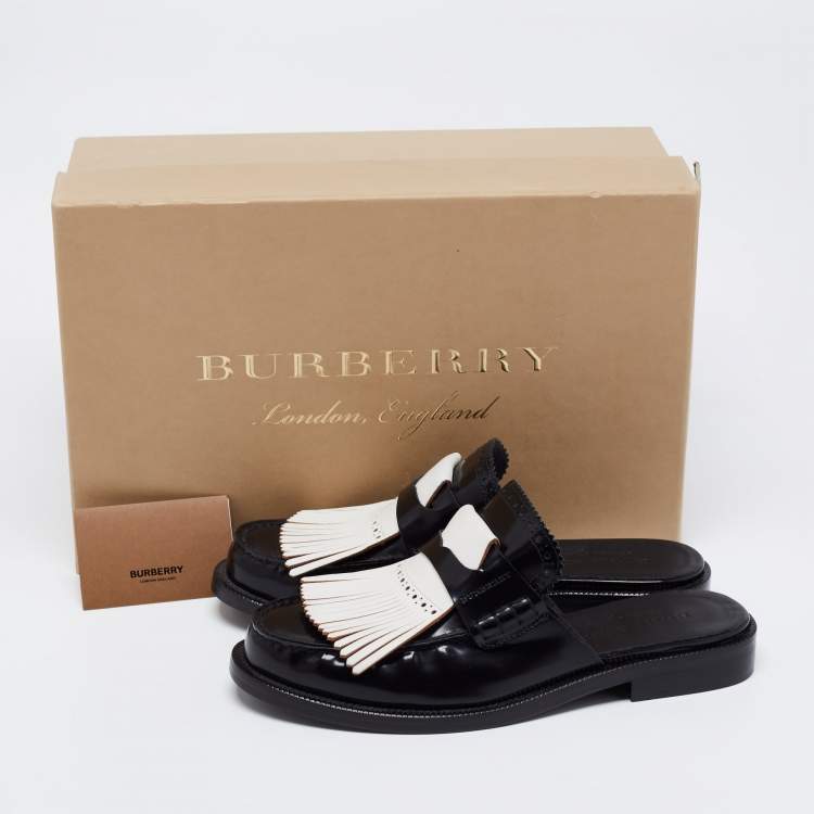Pre Owned Burberry Two Tone Leather Beckshill Fringe Details Flat Mules Size 39
