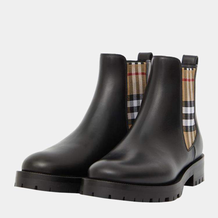 Pre Owned Burberry Black Vintage Check Detail Leather Chelsea Boots Size EU 37