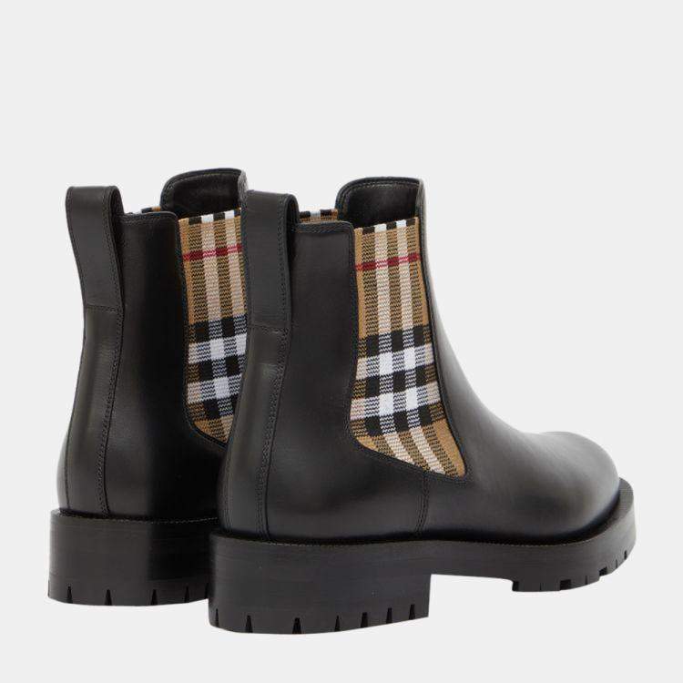 Pre Owned Burberry Black Vintage Check Detail Leather Chelsea Boots Size EU 37