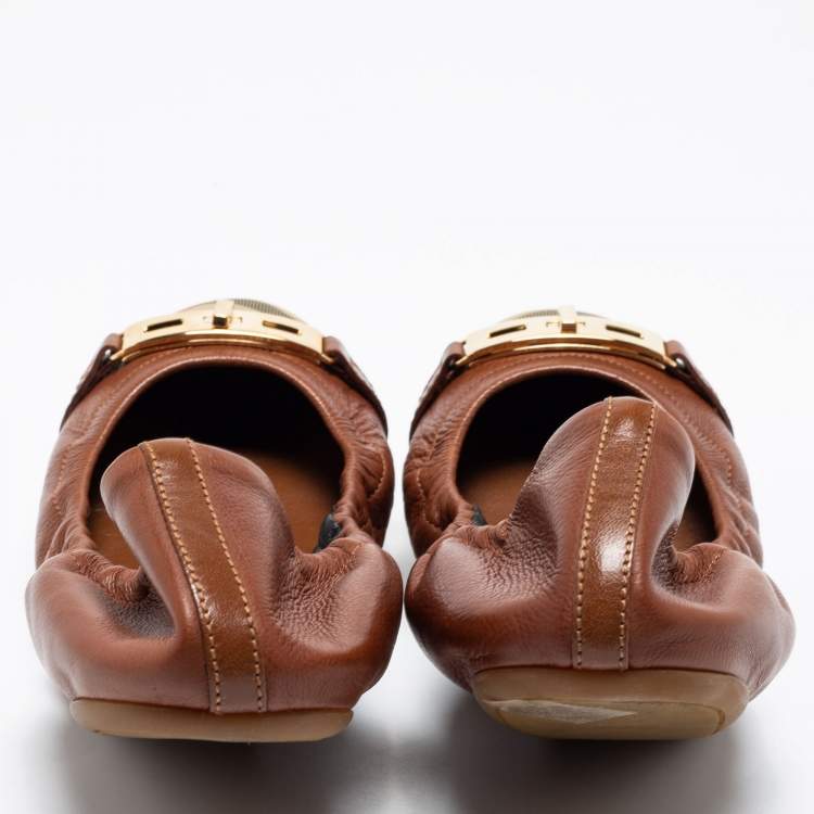 Pre Owned Burberry Brown Canvas & Leather Ballet Flats Size 42
